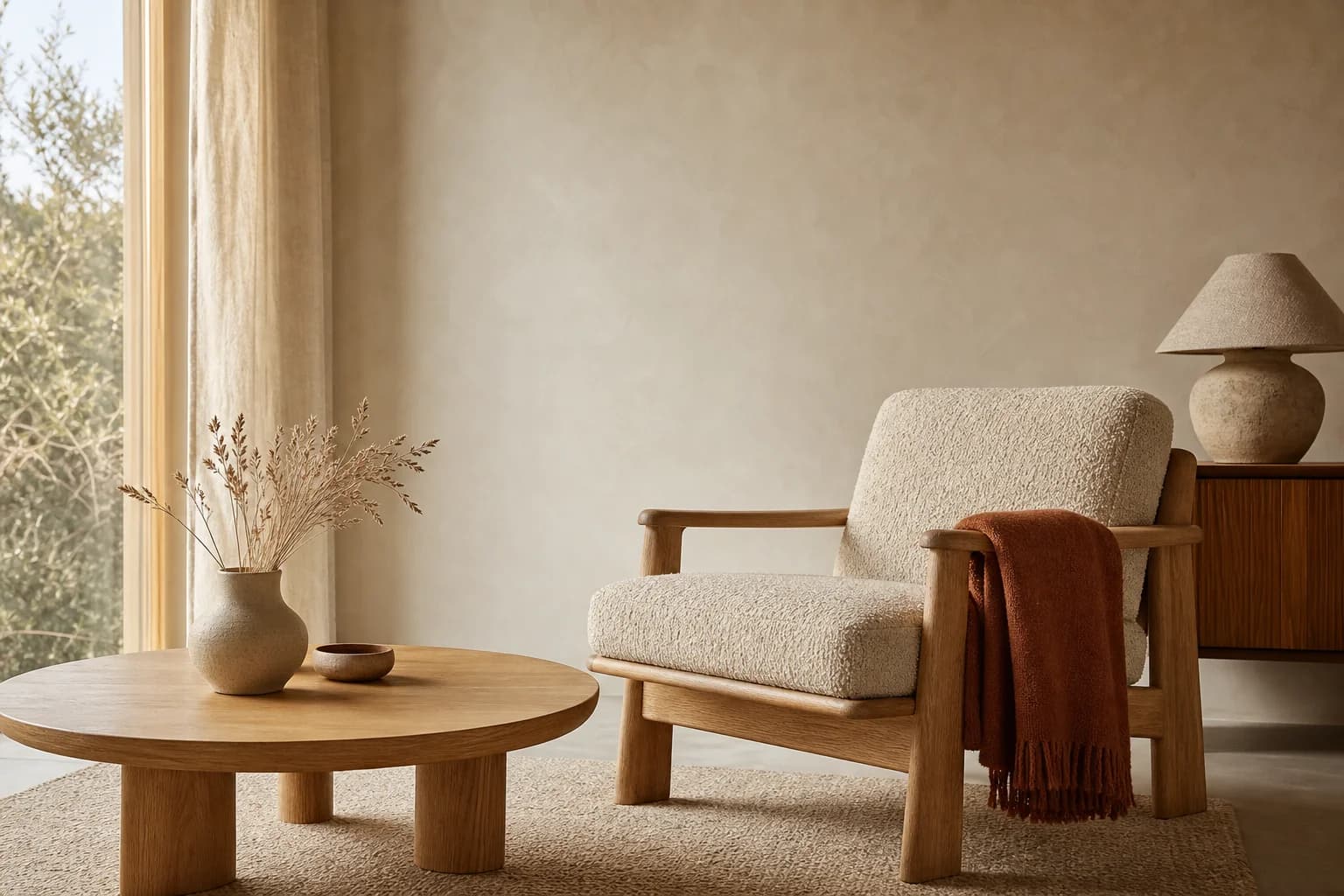 Oak lounge chair and coffee table in a warm, minimal living room