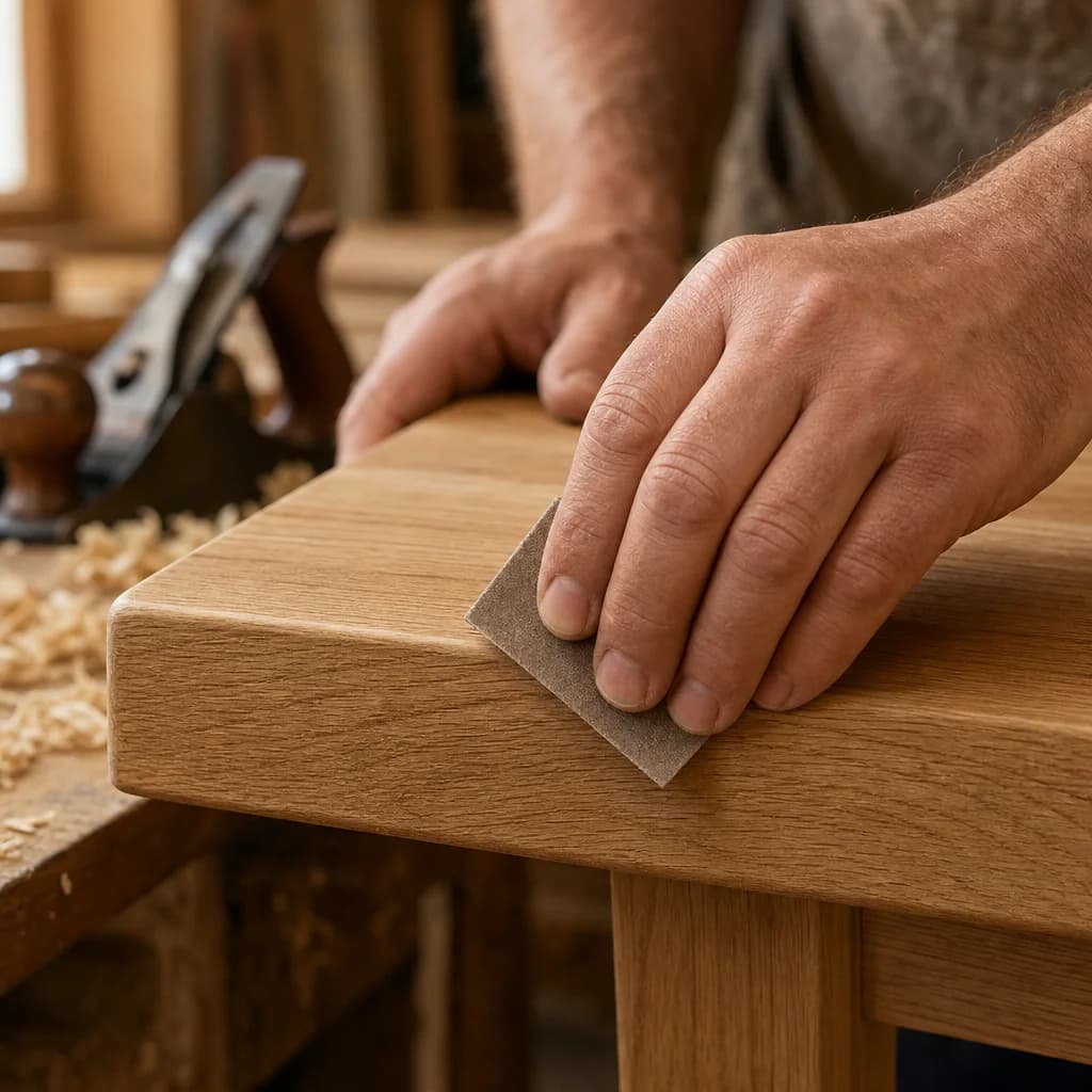 A maker hand-finishing a solid oak tabletop
